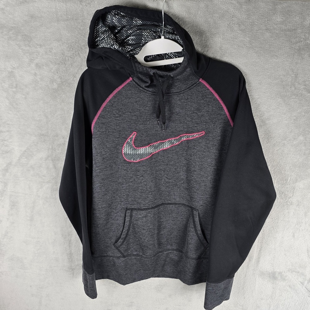 Nike Therma-FIT Womens Hoodie Large Black Gray Pink Swoosh Pullover 555890-033